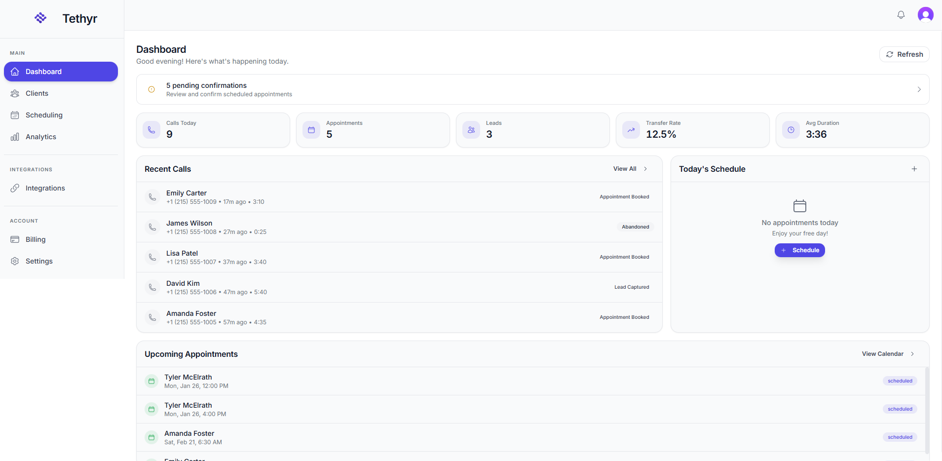 Tethyr dashboard showing 9 calls today, 5 appointments booked, 3 leads captured, recent calls feed, and today's schedule